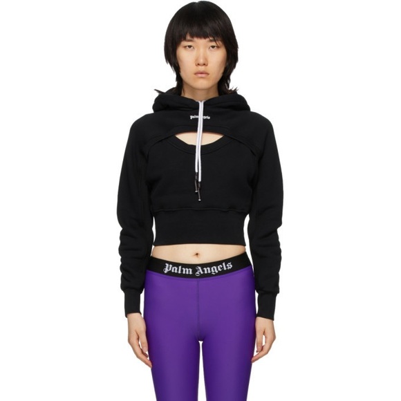 Palm Angels Black Cropped Cut-Out Hoodie - Picture 1 of 7